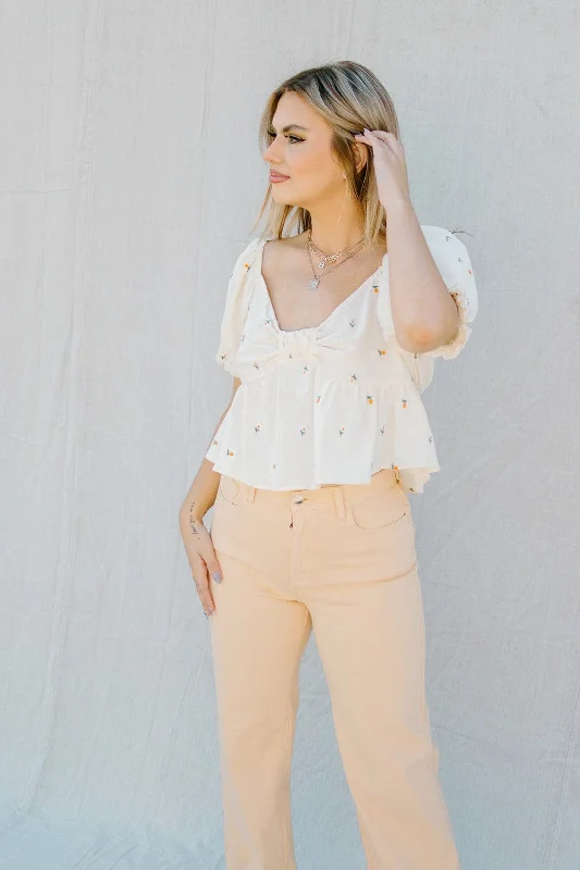 Doorbuster Deal Cream Flower Detailed Flowy Top