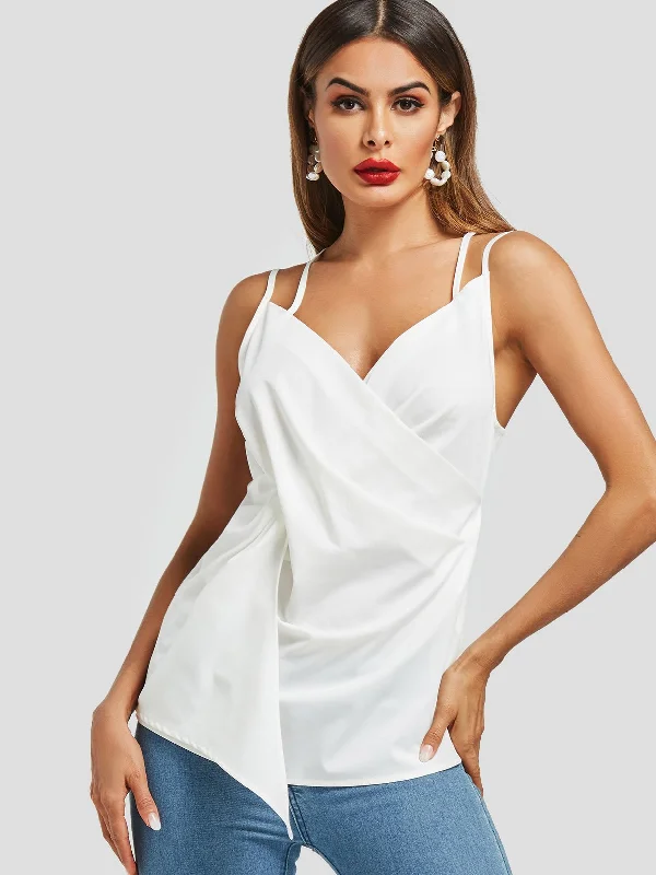 Shop and Save Wholesale V-Neck Plain Crossed Front Tiered Pleated Criss-Cross Sleeveless White Camis