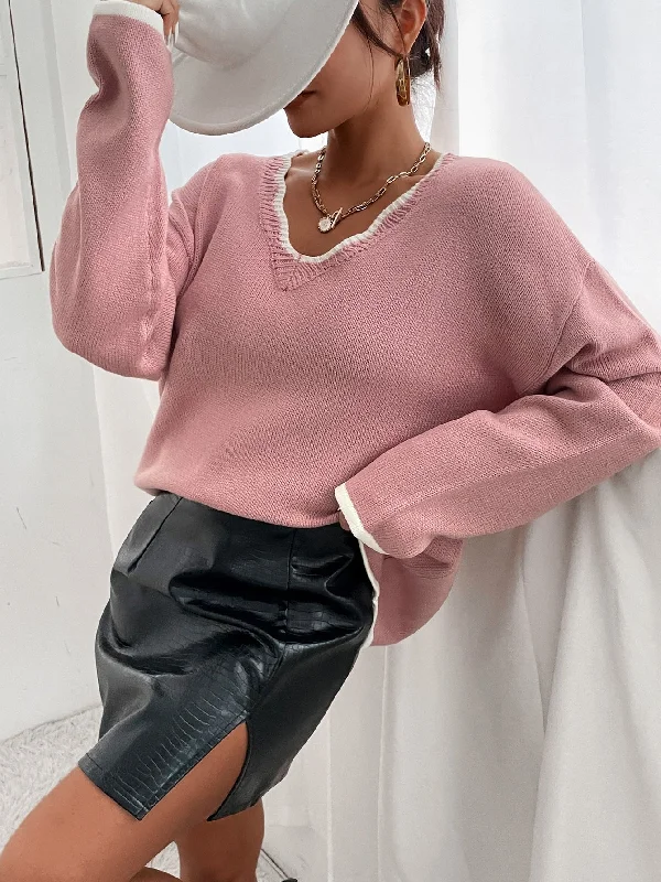 Huge Discounts Casual Plain Contrast Binding Long Sleeve V Neck Regular Women Sweater Huge Discounts Casual Plain Contrast Binding Long Sleeve V Neck Regular Women Sweater