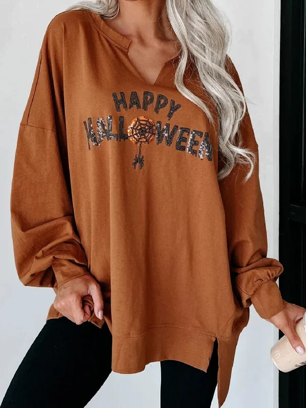 Weekend-Only Price Drops Happy Halloween Spider Women's Graphic Notched Long Sleeve Sweatshirt Weekend-Only Price Drops Happy Halloween Spider Women's Graphic Notched Long Sleeve Sweatshirt