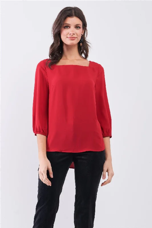 Can't Beat Red Square Neck 3/4 Puff Sleeve With Elasticated Hem Loose Fit Top