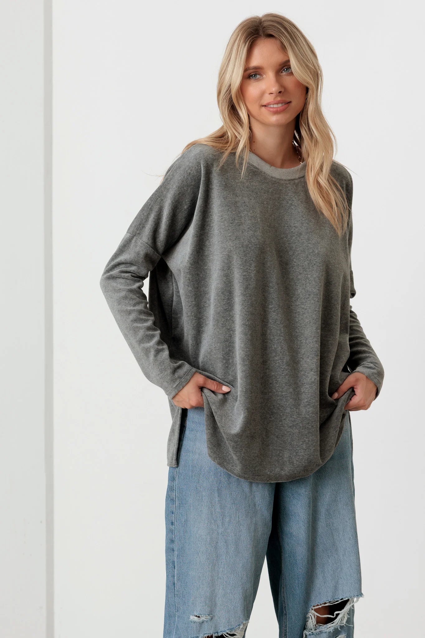 Weekend Bargains to Snag Cotton Blend Velour Long Sleeve Sweatshirt