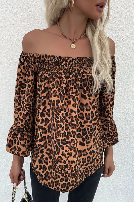 Weekend Discounts to Delight Leopard Flared Sleeve Off-Shoulder Blouse