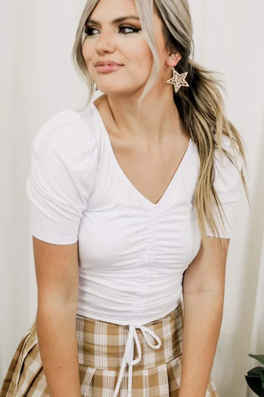 Overstock White Rouched Drawstring Top