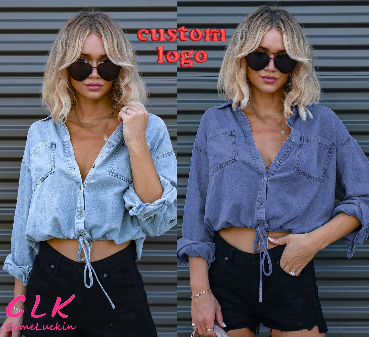 Today's Special Custom Logo Women Fall Winter Ladies Denim Shirt Top Loose Casual Long Sleeve Lace