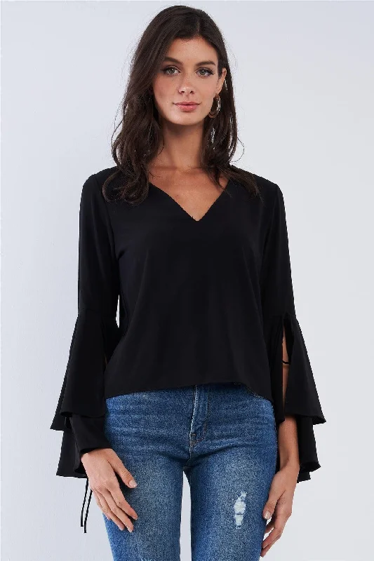 Weekend Discounts to Delight Jet Black V-Neck Long Bluebell Slit Draw String Tie Double Frill Sleeve Top Weekend Discounts to Delight Jet Black V-Neck Long Bluebell Slit Draw String Tie Double Frill Sleeve Top