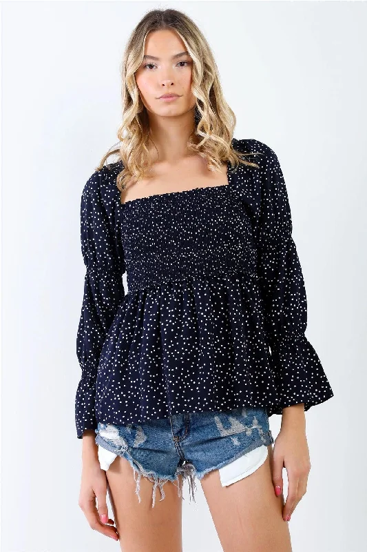 Don't Delay Navy Long Sleeve Polka Dot Smocked Peasant Top