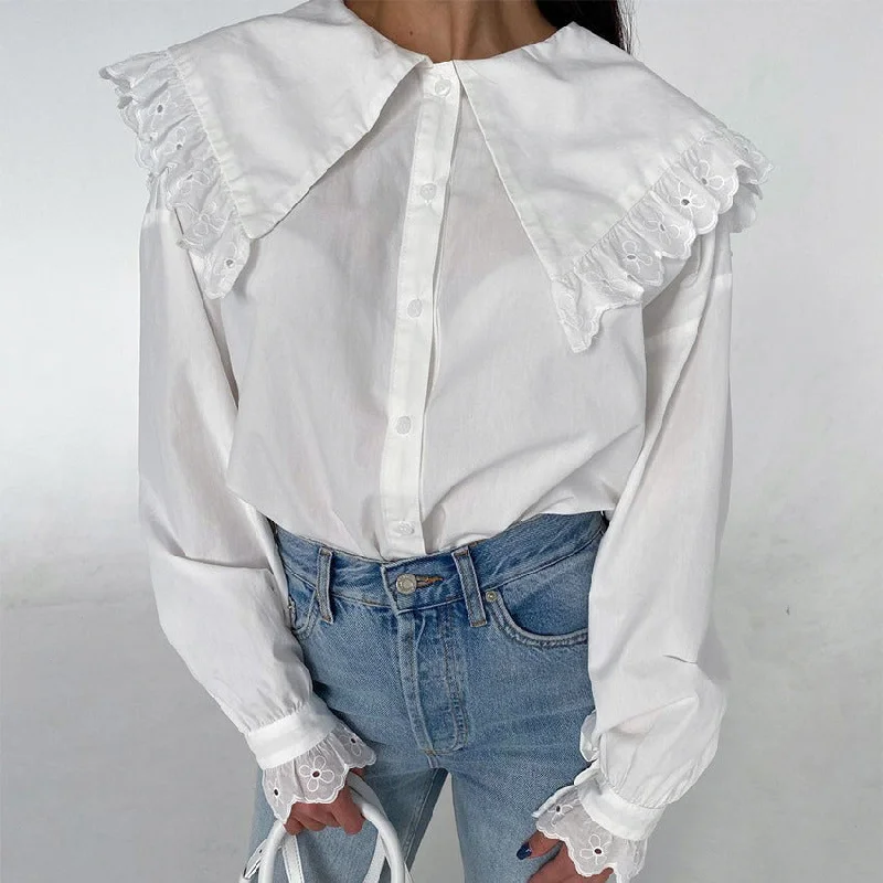 Sale Event Casual Lace Solid Color Single-Breasted Blouse Wholesale Womens Long Sleeve T Shirts