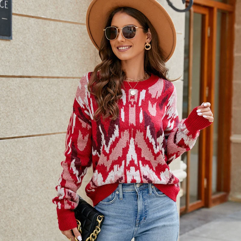 Unmissable Sale Contrast Jacquard Loose Long Sleeve Sweater Wholesale Womens Clothing N3823110200037 Unmissable Sale Contrast Jacquard Loose Long Sleeve Sweater Wholesale Womens Clothing N3823110200037