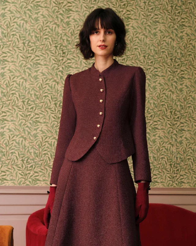 Overstock Clearance Burgundy Retro Single-breasted Tweed Jacket