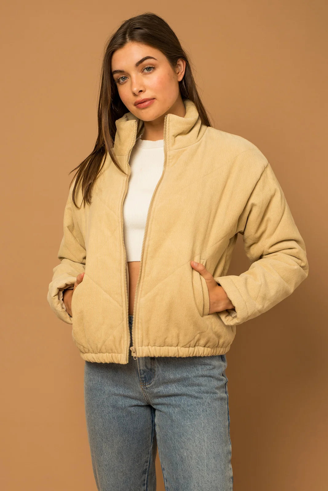 Quick Deals Quilted Corduroy Side Pocket Puff Jacket