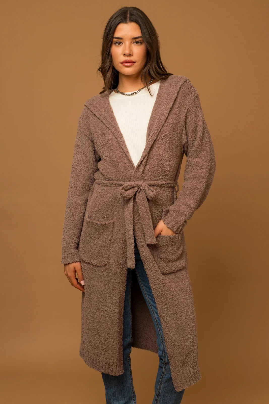 Take Action Hooded Front Pocket Long Belted Cardigan