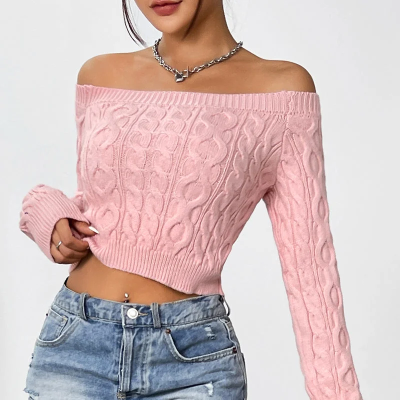 Huge Savings Solid Colour Sexy Cropped Pink One Neck Strapless Knitted Sweater Wholesale Womens Clothing N3824091200154 Huge Savings Solid Colour Sexy Cropped Pink One Neck Strapless Knitted Sweater Wholesale Womens Clothing N3824091200154