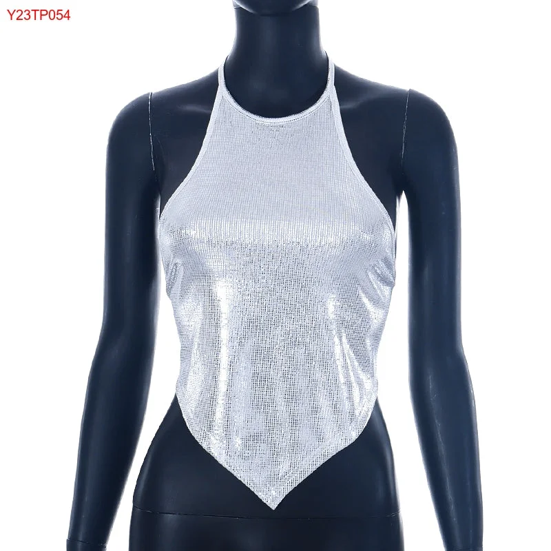 Savings Galore Bomblook Y23TP054 Women's Clothing Metal Sequin Nightclub Hanging Neck Sexy Backless Cami Tops For Women Crop Tops For Women