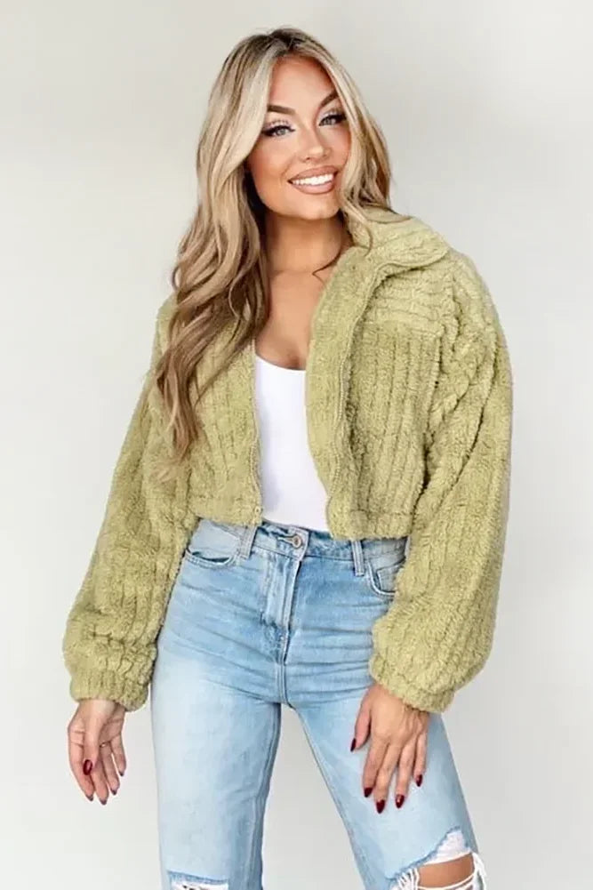 Hot Buy Long Sleeve Zip Up High Collar Cropped Fleece Jacket