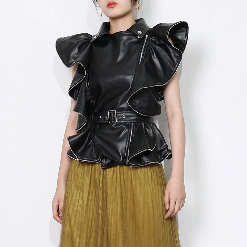 Super Sale Fashion Street Cool Sa PU leather shirt 2022 New collage with falbala design sleeveless waist belt Super Sale Fashion Street Cool Sa PU leather shirt 2022 New collage with falbala design sleeveless waist belt