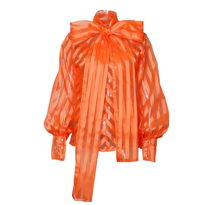Special Offer TWOTWINSTYLE Striped Bow Collar Lantern Sleeve Loose Lace Up Women's Shirts 2020