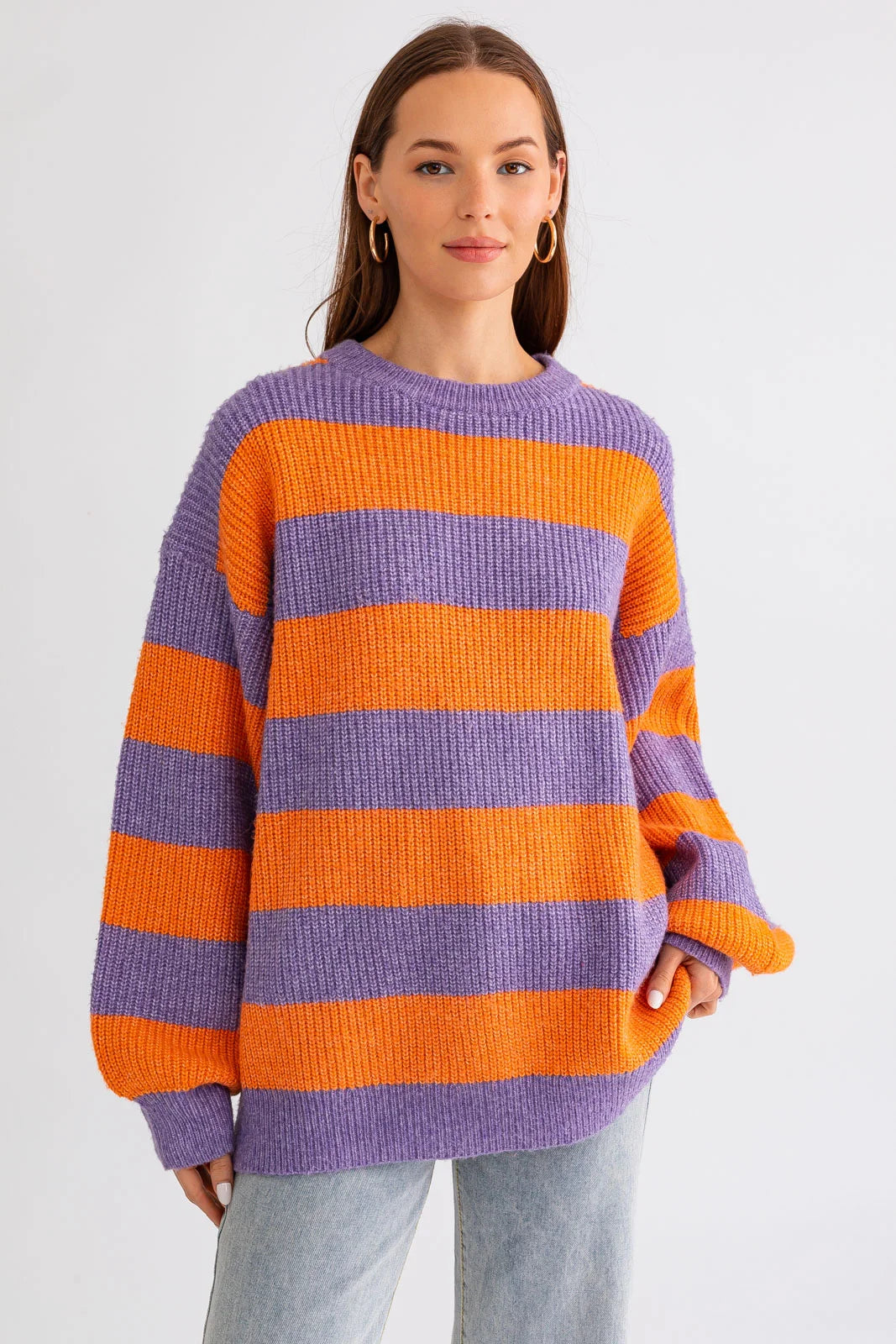 Weekend Deals to Make You Smile Round Neckline Long Wide Sleeve Striped Sweater