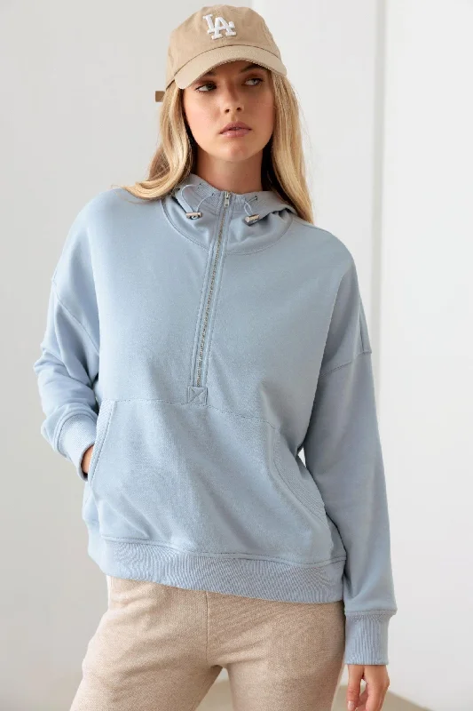 Weekend Specials to Cherish Blue Cotton Half Zip Drawstring Mock Neck Hoodie Top