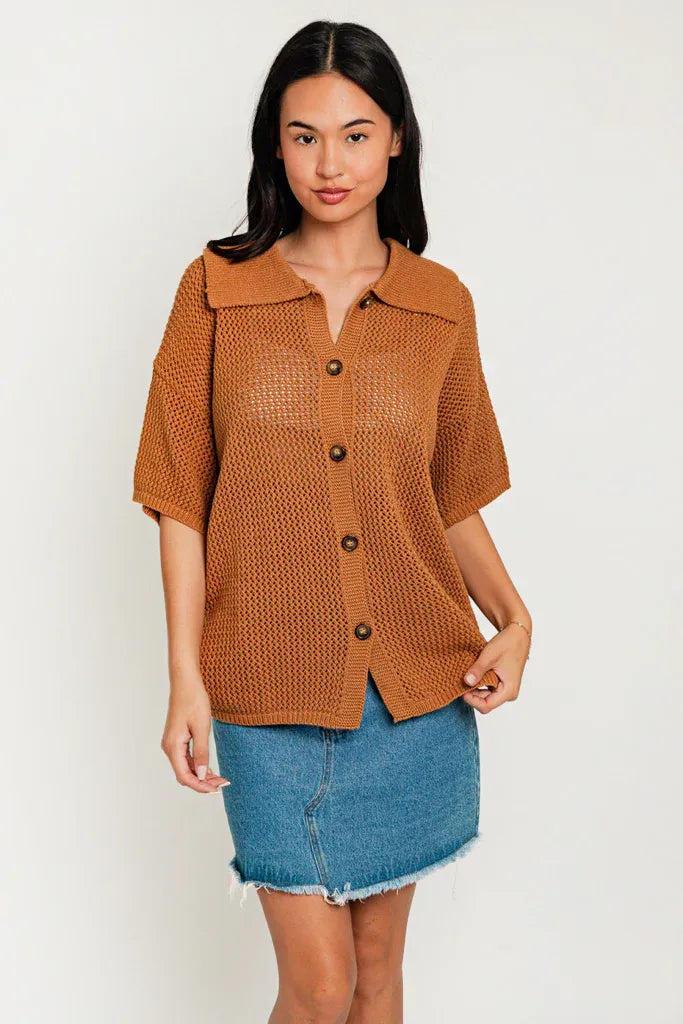 Huge Discounts Short Sleeve Button Down Relax Collared Sweater Cardigan