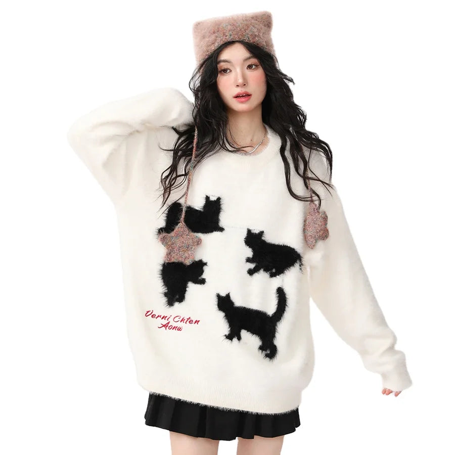 Can't Be Beat 2024 Spring women fashionable crew neck long sleeve cartoon cat animal jacquard mohair sweater jumper Can't Be Beat 2024 Spring women fashionable crew neck long sleeve cartoon cat animal jacquard mohair sweater jumper