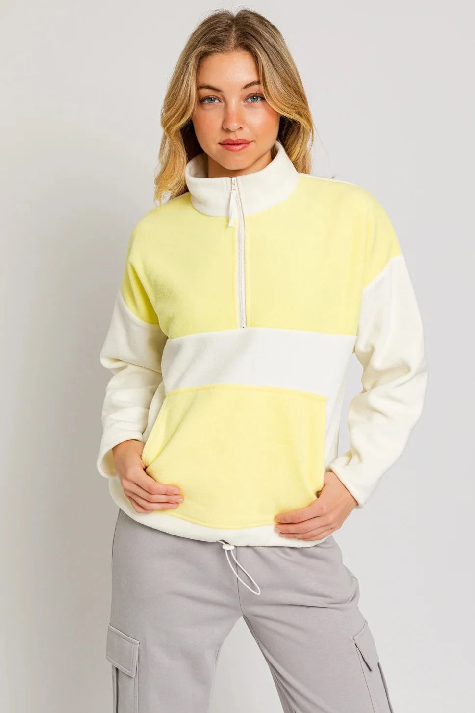 Big Discounts Color Block Fleece Zip Up Drawstring Hem Sweatshirt