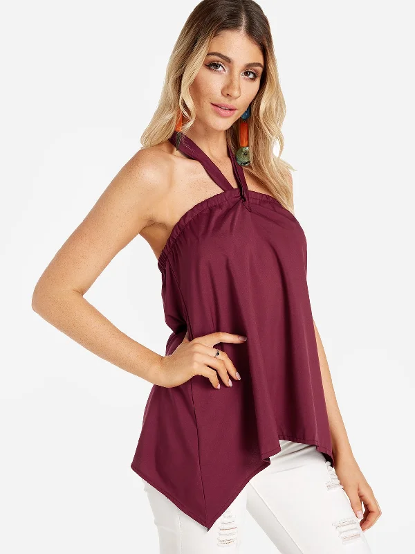 Daily Specials OEM ODM Halter Plain Sleeveless Irregular Hem Burgundy Camis