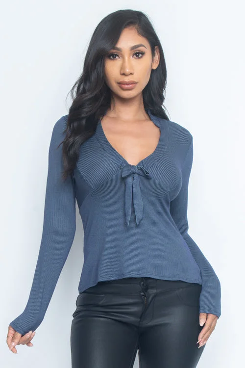 Limited Quantity Long sleeve V-Neck Striped Top With Front Bow Tie (MT3657)