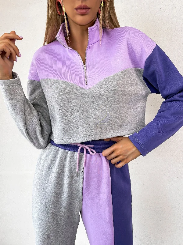 Weekend Savings Fiesta Sporty Colorblock Zipper Long Sleeve Stand Collar Crop Women Sweatshirt