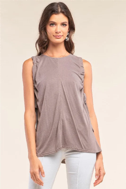 Value Deals Stone Drawstring Crew Neck Relaxed Fit Tunic Top