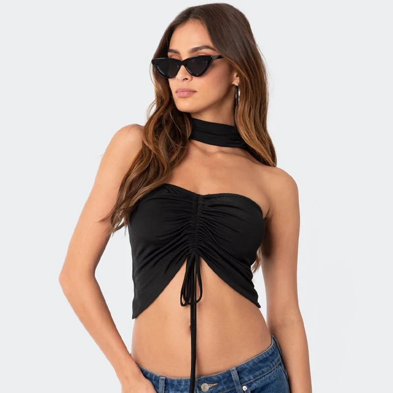 Can't Resist 1234 Halter Sleeveless Ruched High Waist Crop Top Casual Women T Shirt 2023 New Fashion Spring Club Sexy American Clothing