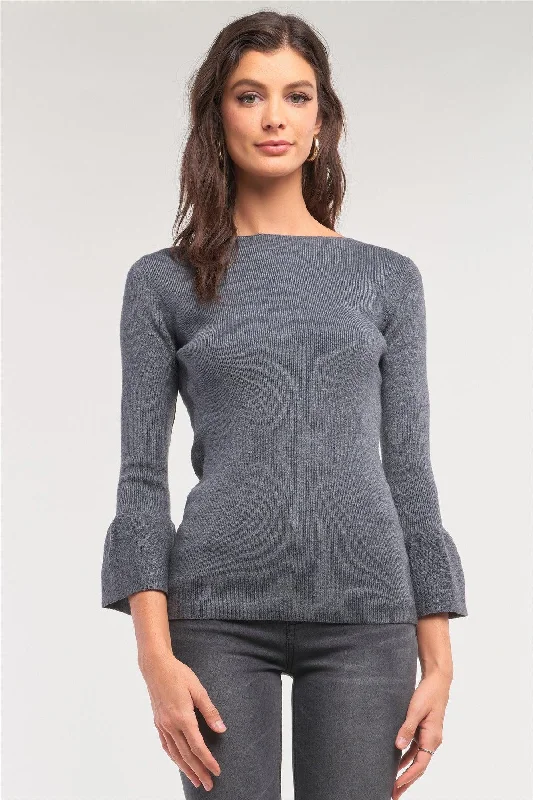 Year-End Sale Black Ribbed Knit Boat Neck 3/4 Bell Sleeve Fitted Top