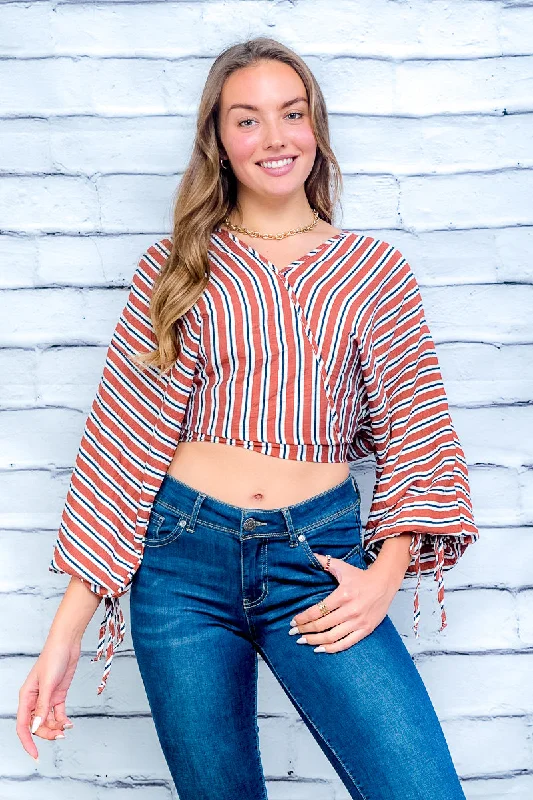 Price Cut Multi Color Striped V-Neck Wrap Top with Long Billow Sleeves and Drawstrings (T15384)