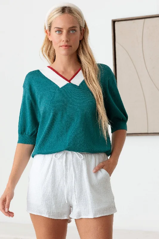Year-End Sale Teal Vintage Chevron Contrasting Accents Knit Top