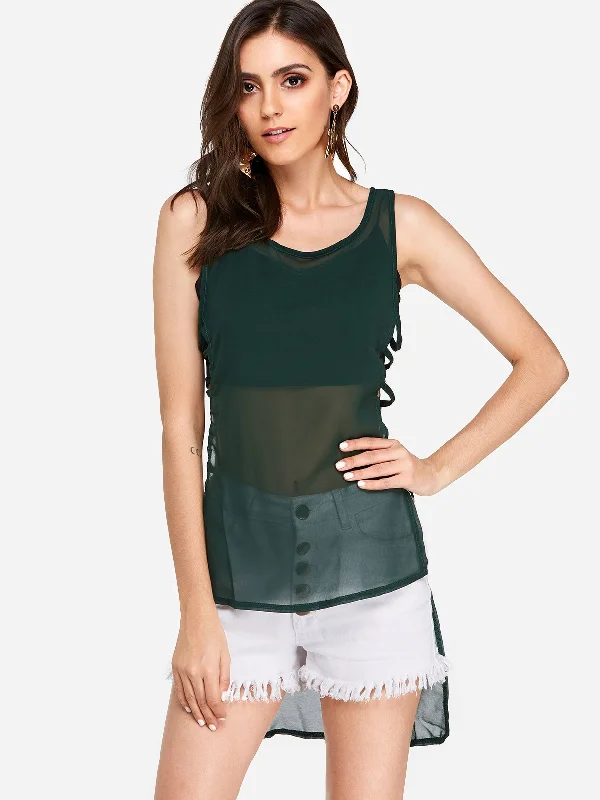 Sale Event OEM ODM Cut Out Sleeveless Irregular Hem Green Camis