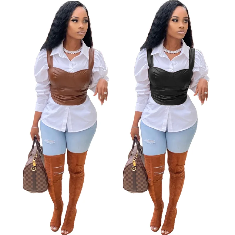 Daily Deals Trendy Women Clothes 2022 New Arrivals Casual Solid Brown PU Leather Vest Square Collar Tops Without Shirt
