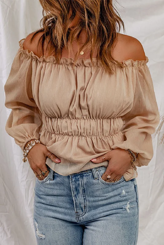 Weekend Shopping Made Better Frill Trim Off-Shoulder Elastic Waist Blouse