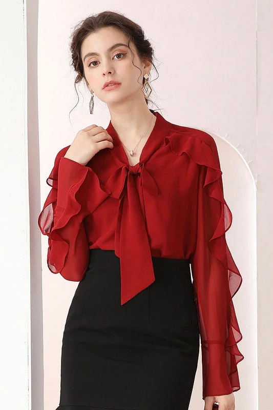 Weekend Bargains Await You Blouse W/ Bow Tie and Ruffled Sleeve
