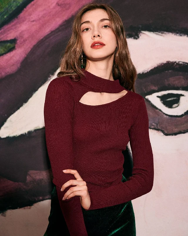 Weekend Discounts Worth Grabbing The Wine Red Slim-Fitting Cutout Knit Top