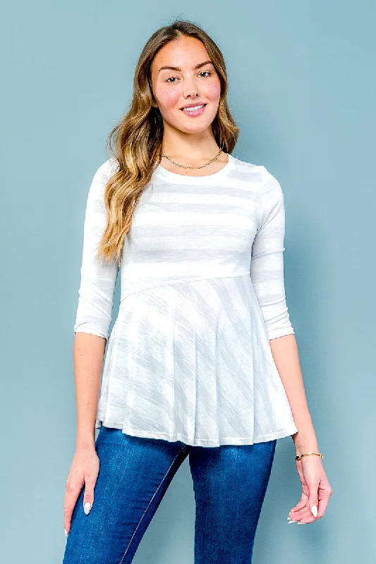 Super Sale Striped Round Neck 3/4 Sleeve Asymmetrical Peplum Top in Light Grey (D71409)