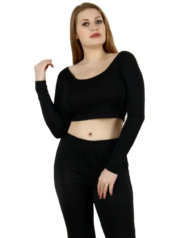 Overstock Sale Black Solid Crop Top with Long Sleeves