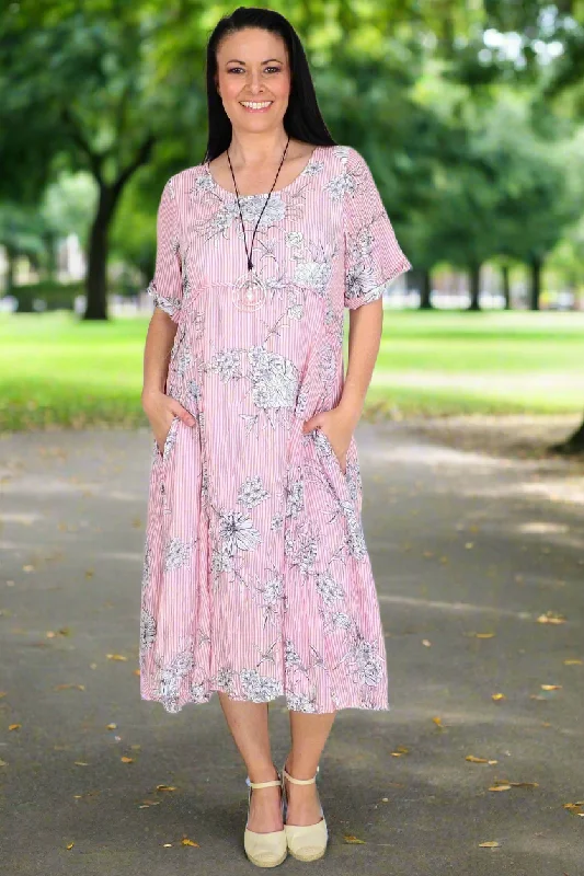Deal of the Day Pink White Striped Floral Tunic Dress