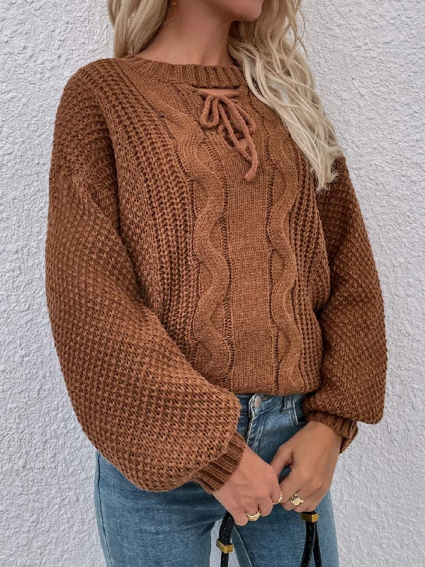 Deal Alert Casual Plain Lace Up Long Sleeve Round Neck Regular Women Sweater