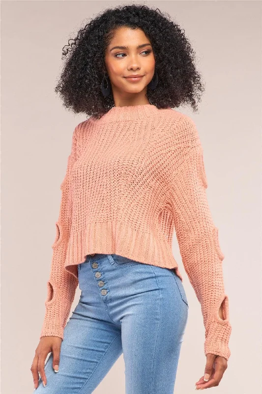 While Supplies Last Salmon Round Neck Long Cut-Out Cable Knit Cropped Sweater