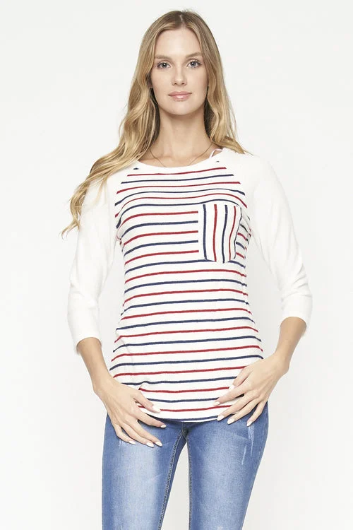 Super Bargain Red and Blue Striped 3/4 Sleeve Round Neck Top* (D71104)