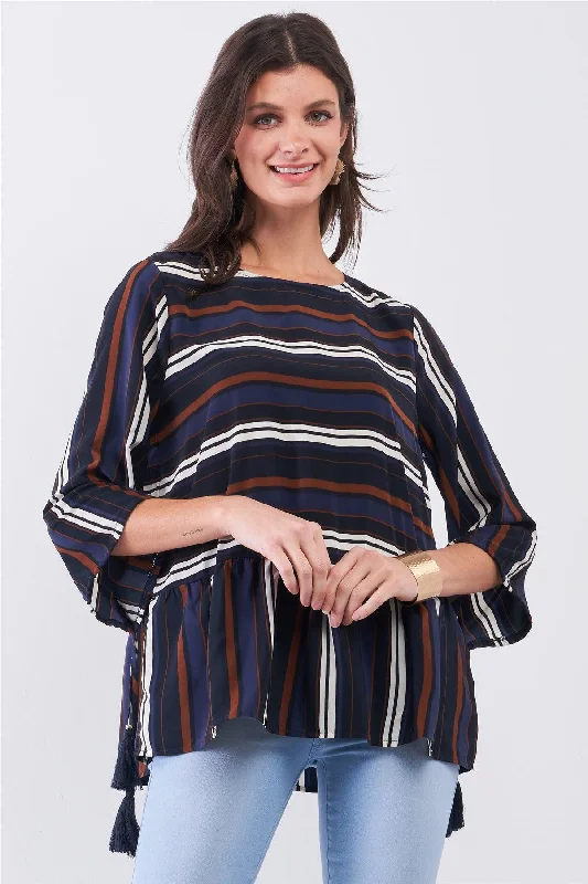 Weekend Bargains Galore Blue Multicolor Striped Round Neck Button-Down Back Detail Self-Tie Tassel Tip Midi Sleeve Flounce Hem Top