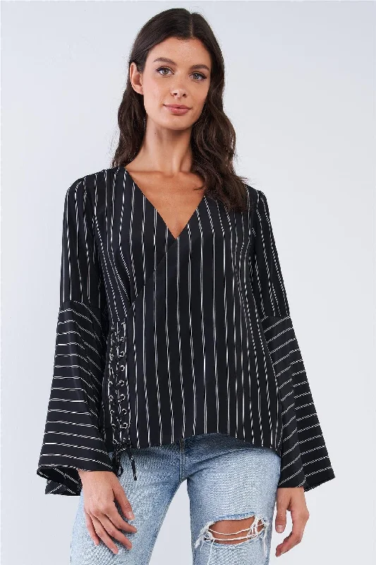 Weekend Offers That Excite Black V-Neck Striped Bellflower Long Sleeve Top