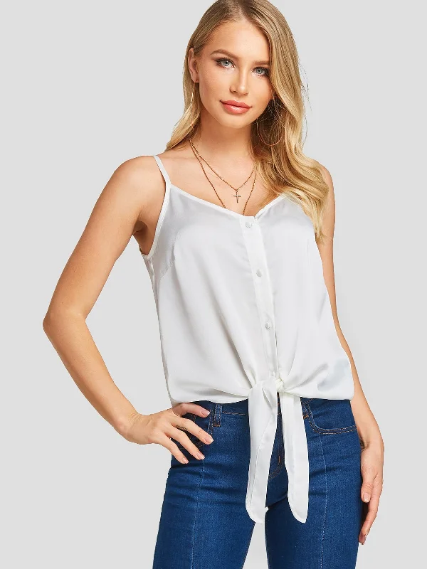 Big Deal Wholesale V-Neck Spaghetti Strap Self-Tie Sleeveless White Tank Top