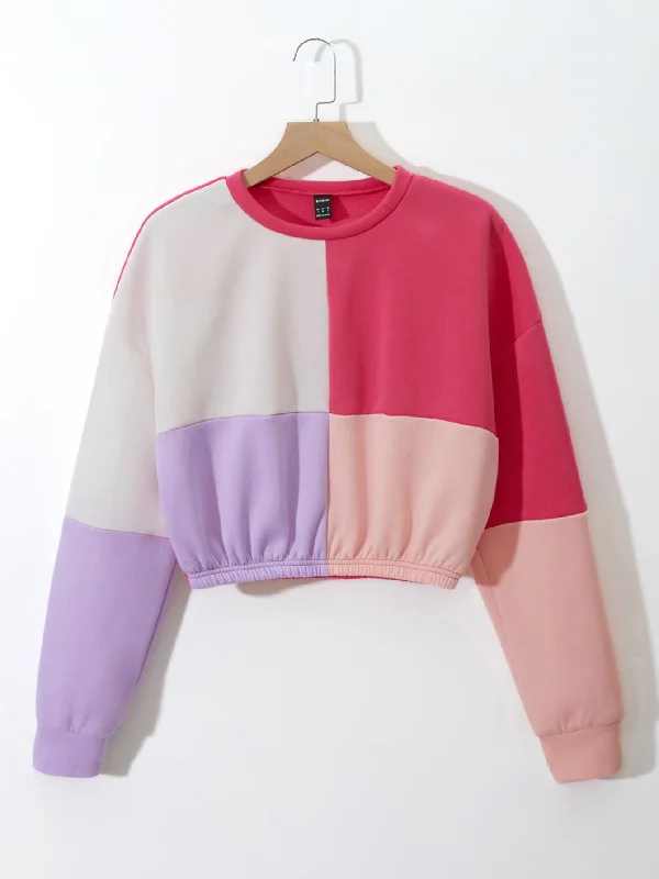 Weekend Bargains to Love Casual Colorblock Long Sleeve Round Neck Crop Women Sweatshirt