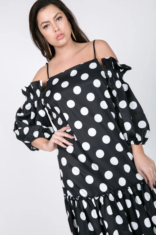 Clearance Sale Cold Shoulder Dot Midi Dress